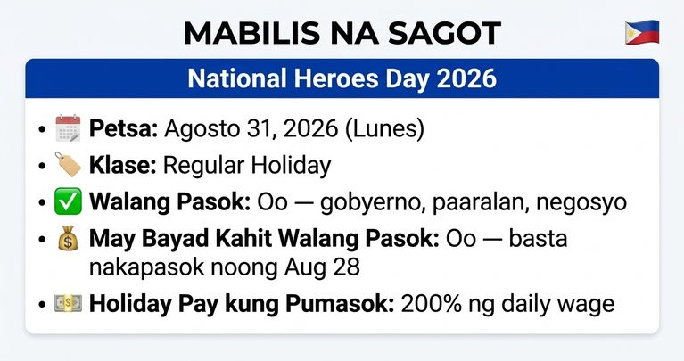 National Heroes Day 2026 August 31 walang pasok regular holiday pay guide Philippines